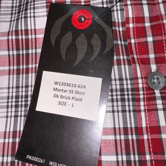 Wolverine NWT Men’s Size L Mortar Short Sleeve Dark Brick Red Plaid Casual Shirt - Picture 6 of 8